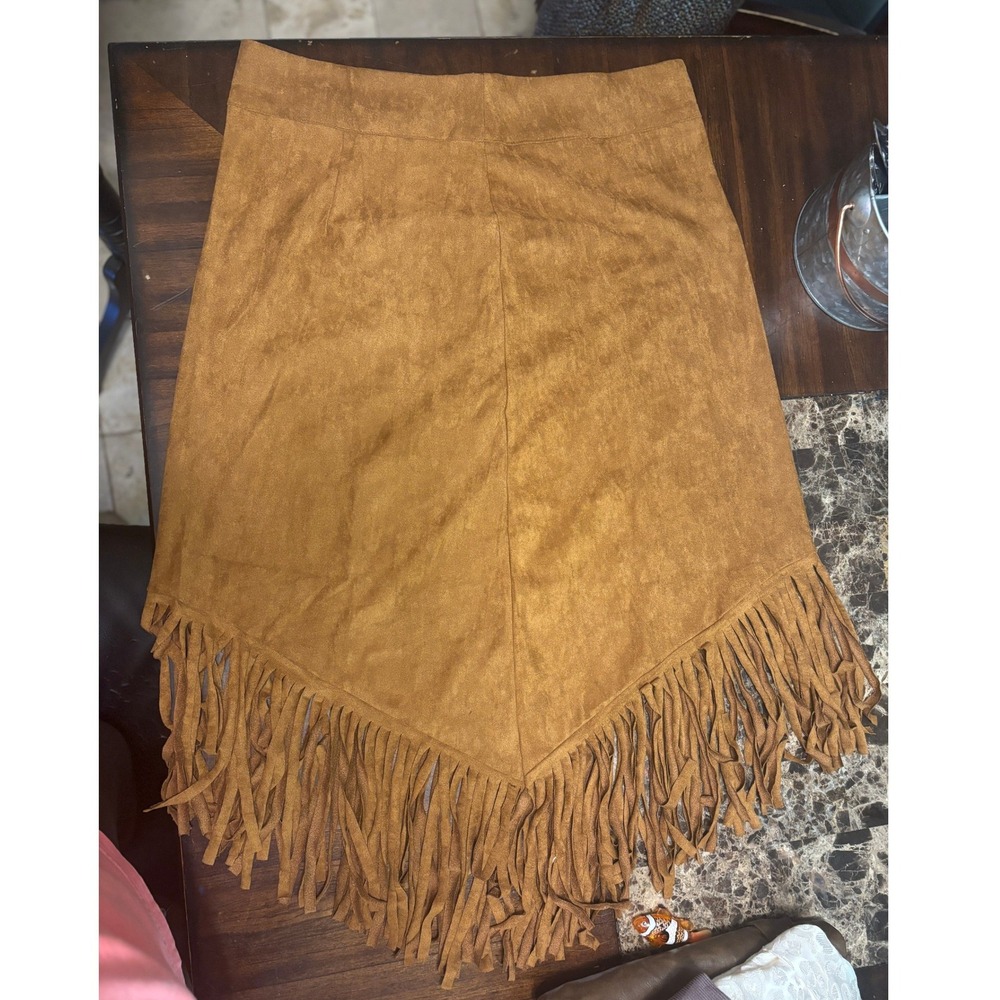 Womens Tan Faux Suede Fringe Handkerchief Hem Western Boho Skirt Brown L